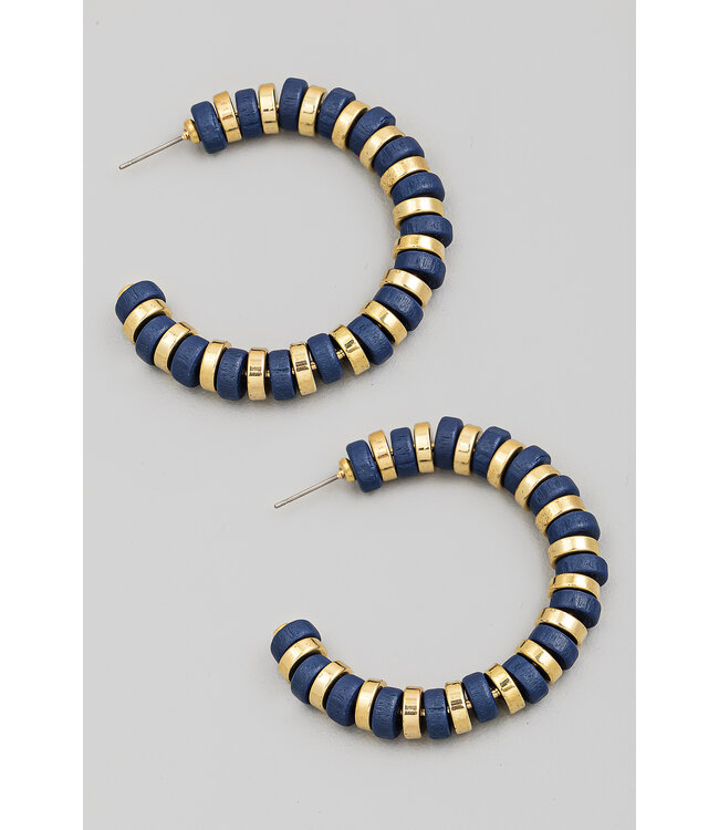 Metallic And Matte Beaded Hoop Earrings - Navy