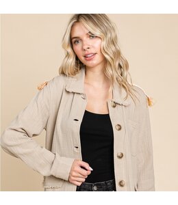 Button Down Ribbed Cotton Jacket with Embroidered