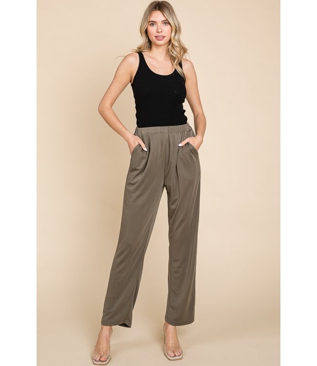 Elastic Waist Band Straight Leg Pants - Olive