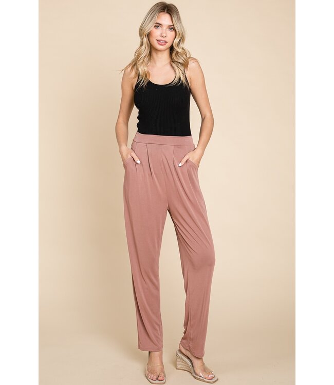 Side Button Elastic Waist Pants