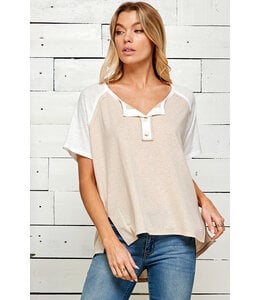 Solid Short Sleeve Slit Cut Top with Buttons