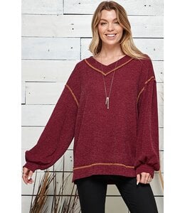 Curvy Knit Solid Long Sleeve Loose Wide Neck Top -Wine