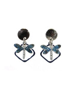 Silver Forest Silver Black with Blue Dragonfly on Open Diamond Earrings