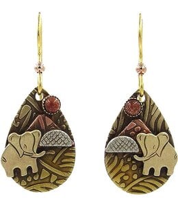 Silver Forest Elephant on Teardrop with Goldstone Earrings