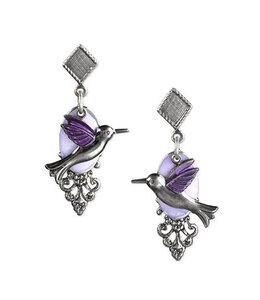 Silver Forest Purple Hummingbird Earrings