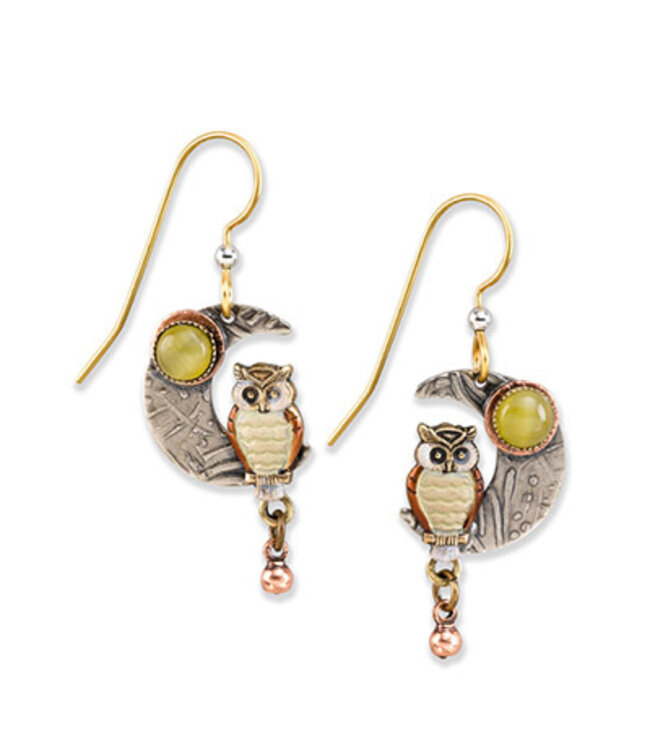 Silver Forest Crescent Moon and Owl Dangling Earrings