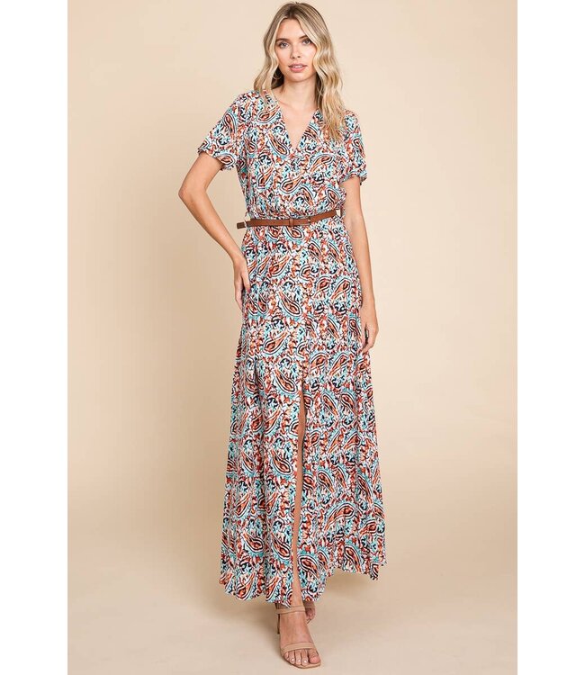 Paisley Print V-Neck Front Split Maxi Dress W Belt