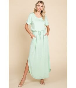 Solid V Neck Waist String Round Hem Maxi Dress