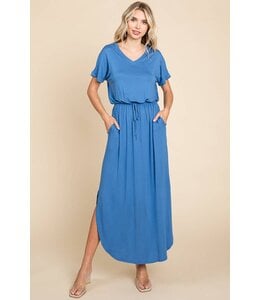 Solid V Neck Waist String Round Hem Maxi Dress - Blue