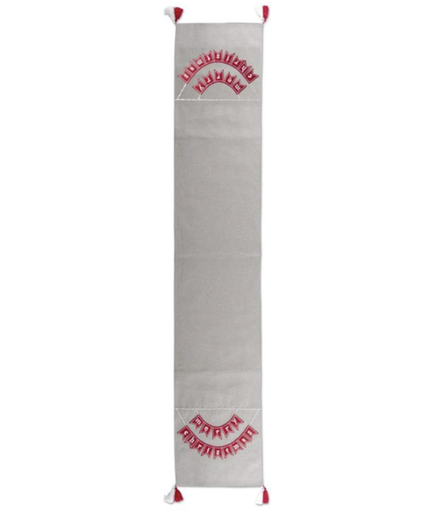 K&K Interiors Gray Cotton Runner with Red Merry Christmas Banner & Tassles