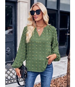 Pom Pom V-Neck Long Sleeve Blouse