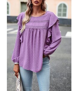 Swiss Dots Ruffle Trim Long Sleeve Blouse - Purple