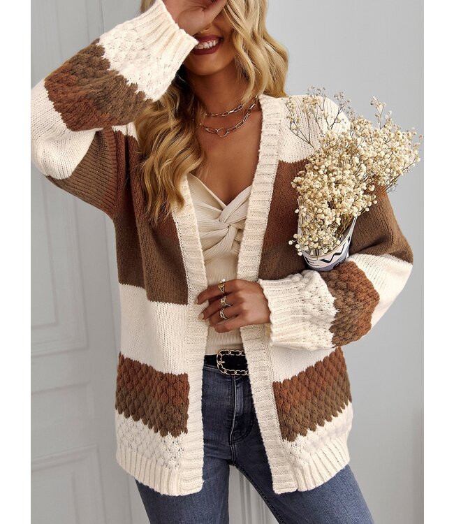 Striped Bubble Textured Knit Open Cardigan