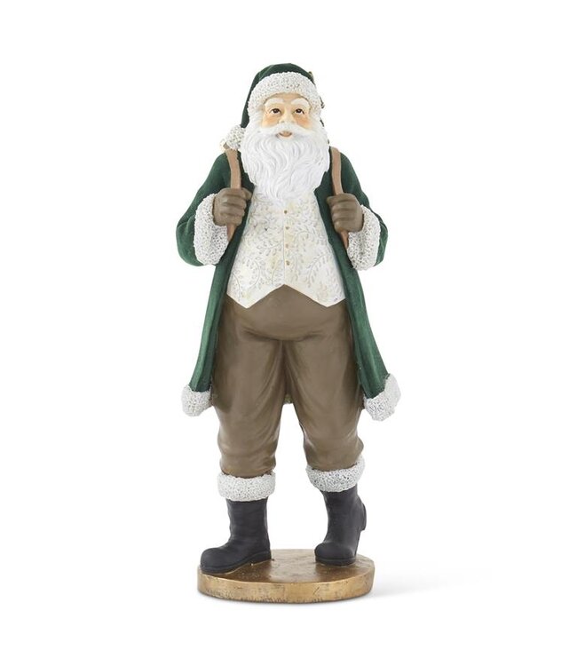 K&K Interiors Dark Green Velvet Resin Santa W/Gold Glittered Christmas