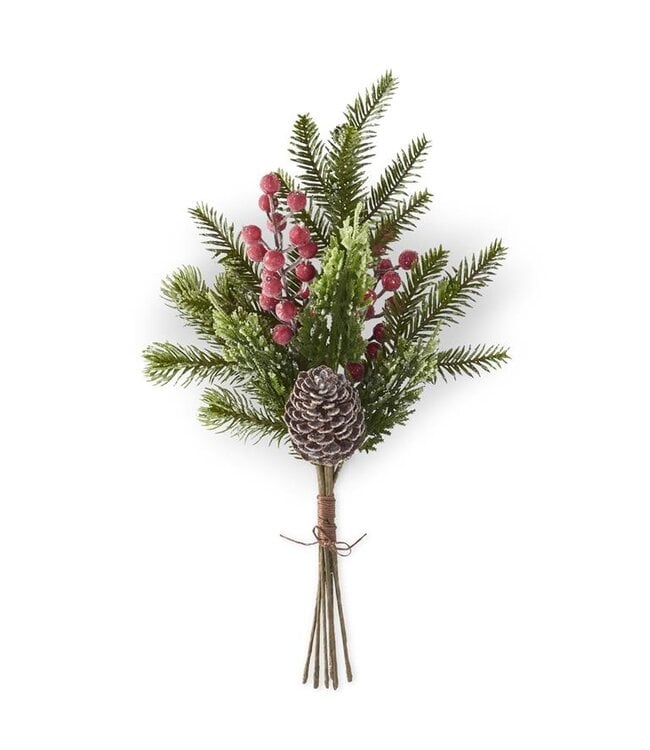 K&K Interiors Glittered Icy Mixed Pine Bundle W/Red Berries & Pinecones