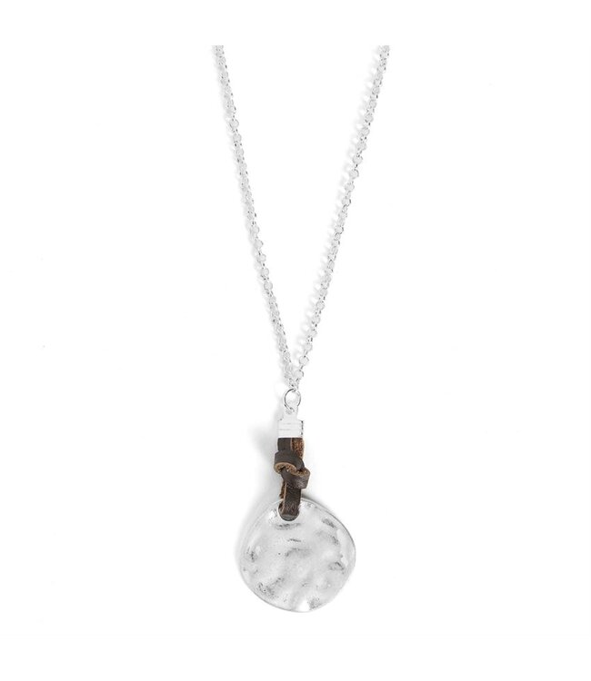 Leather Knot Hammered Disc Necklace - Silver