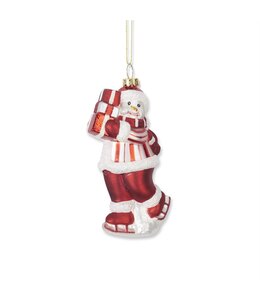 K&K Interiors Red & White Glittered Blown Glass Snowman W/Package Ornament