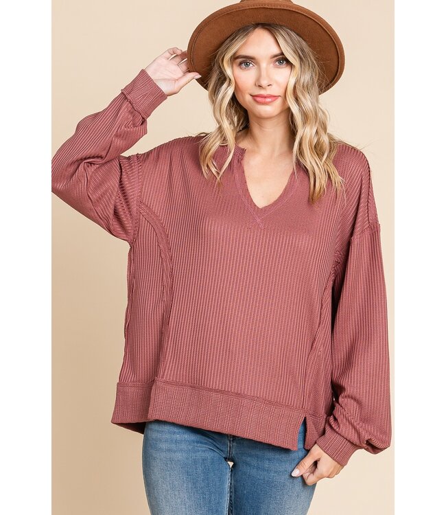 Solid Raw Edge Detail Waffle Knit Top