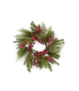 K&K Interiors 12 Inch Pine Cedar Mix & Red Berries Candle Ring W/Pinecones