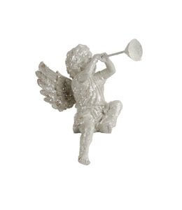 K&K Interiors White Glitter Cherub W/Horn Facing Left