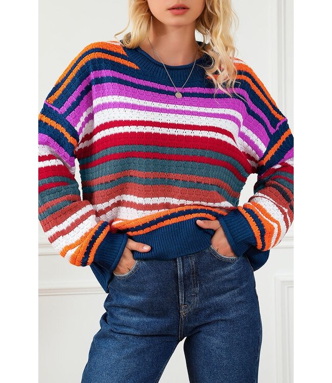 Multicolor Stripe Rolled Edge Sweater