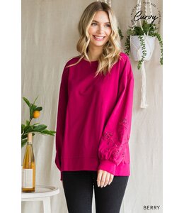 Women's Embroidery Sleeve Cotton Terry Pullover