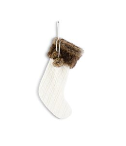 K&K Interiors White Cable Knit Stocking w/Brown Fur Trim