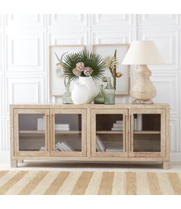 K&K Interiors Whitewashed Blonde Wood 4 Glass Door Sideboard