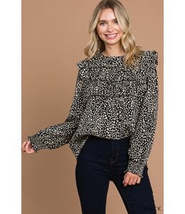 Women's Abstracted Animal Prints Ruffle Shoulder Top - Black