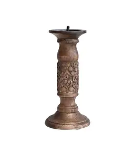 Bloomingville Hand-Carved Mango Wood Candle Holder w/ Design