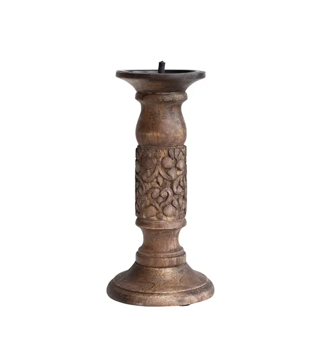 Bloomingville Hand-Carved Mango Wood Candle Holder w/ Design