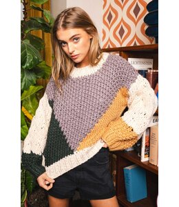 Hand Knitted Color Block Bell Sleeve Sweater Top