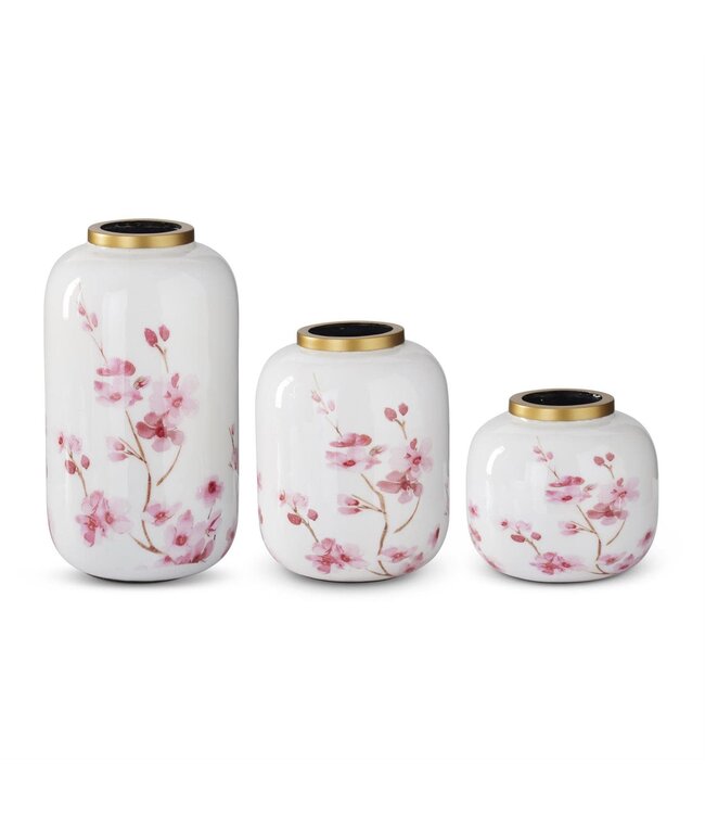 K&K Interiors White & Pink Cherry Blossom Enameled Vase w/Gold Rim-Small