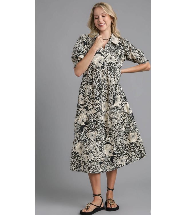 Umgee Paisley Print V-Neck Collared Tiered Dress