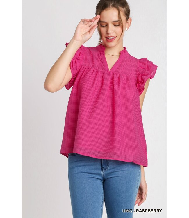 Umgee Layered Ruffle Sleeve Split Neck Top