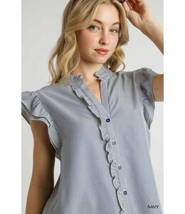 Umgee Ruffle Trim Striped Button Blouse