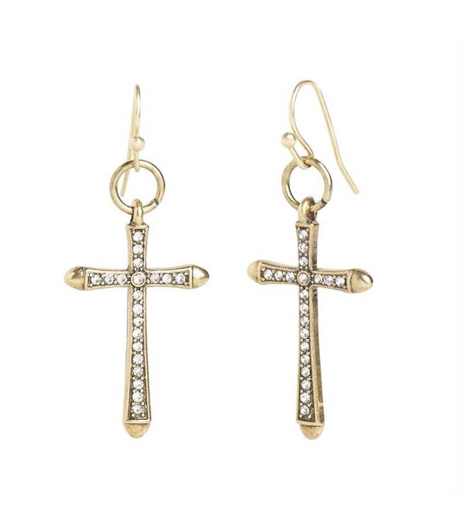 Whispers Dangle Cross with Stones Earrings - Gold