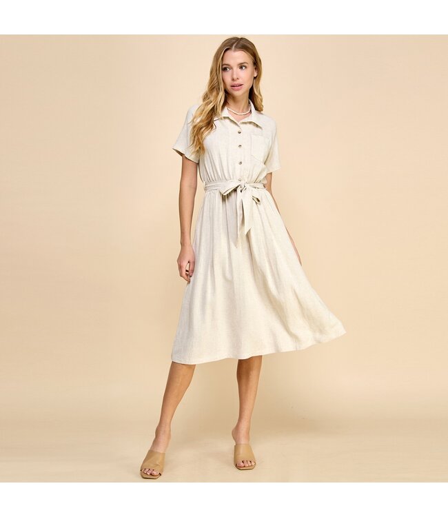 Les Amis Linen Dress with Pockets and Waist Tie Detail