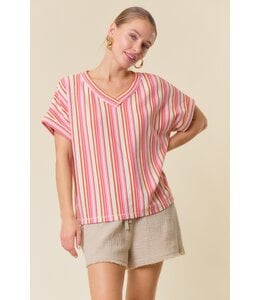Doe and Rae Textured Multi Striped V Neck Short Sleeve Top