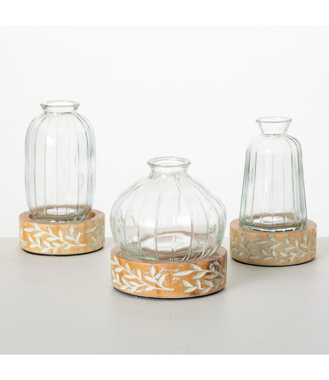 Sullivans Gift Embossed Wood & Glass Vase-3 Styles