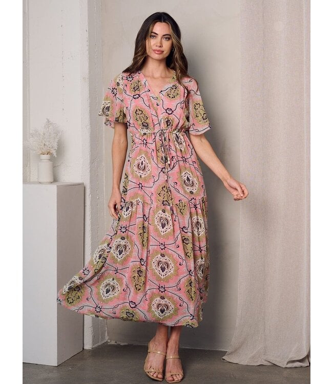 Short Sleeve V-Neck Tiered Floral Maxi Dress