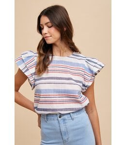 anniewear Red White and Blue Striped Ruffle Sleeve