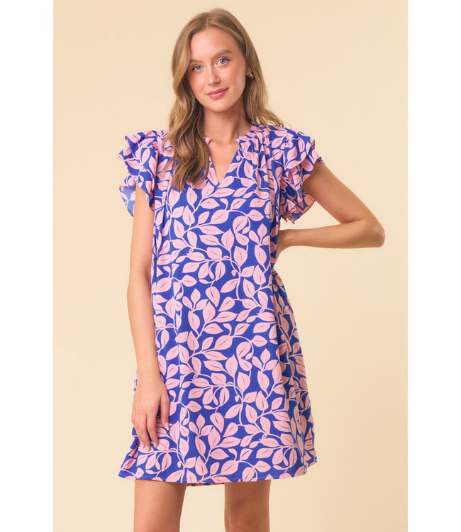 Doe and Rae Split V-Neck Ruffle Cap Sleeve Mini Dress