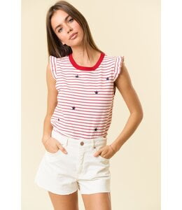 Doe and Rae Ruffle Sleeveless Star Embroidered Stripe Tank