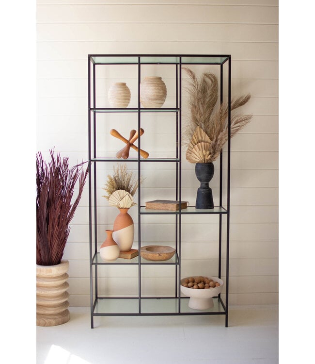 Kalalou Antique Black Metal Display Unit with Fluted Glass Shelves