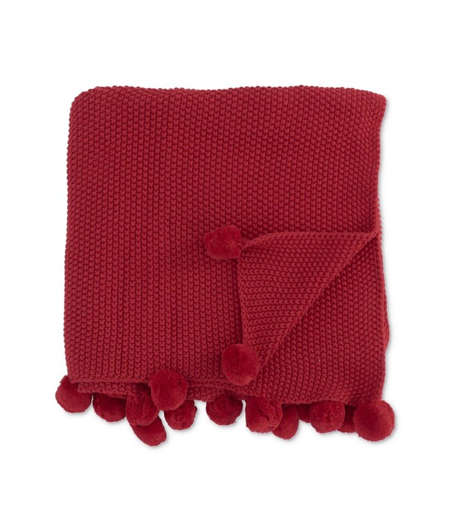 K&K Interiors Red Moss Stitch Knit Throw Blanket w/Pompom Trim