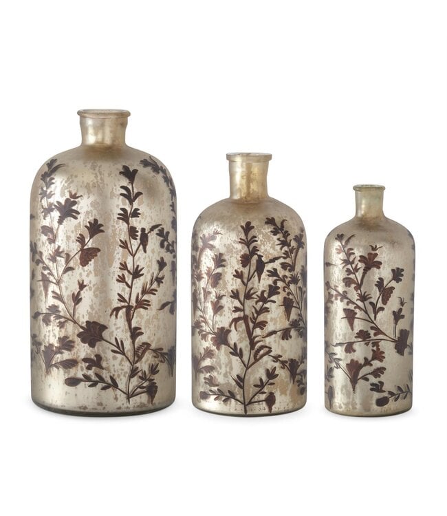 K&K Interiors Small Brown Floral Champagne Mercury Glass Bottle