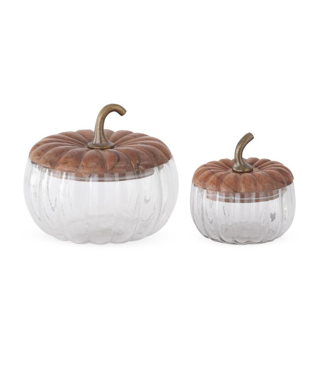 K&K Interiors Large Glass Pumpkin With Wood Lid & Metal Stem