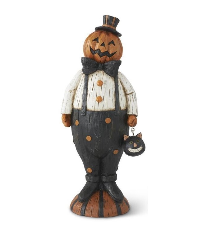 K&K Interiors Resin Pumpkin Man Holding Cat Head Character