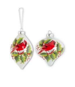 K&K Interiors White Pearl Glass Onion/Teardrop Ornaments With Cardinal